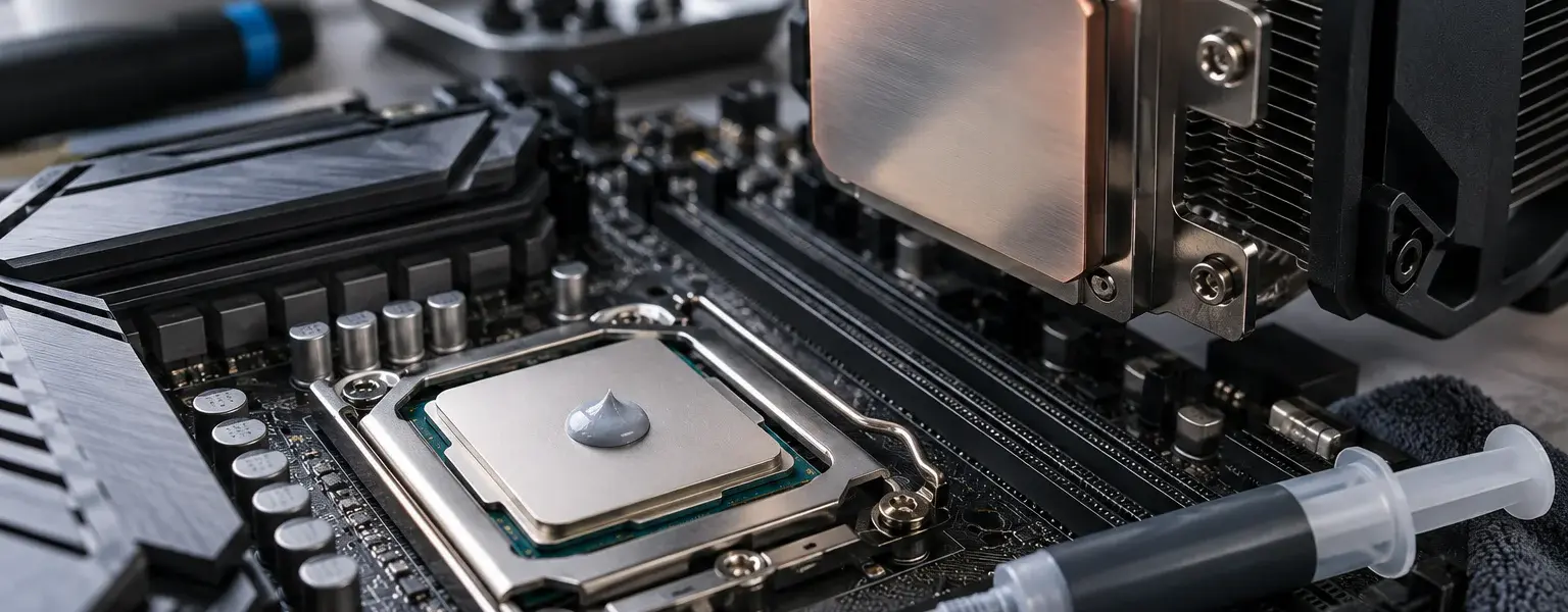 Wärmeleitpaste wechseln: CPU mit neuer Wärmeleitpaste und abgenommenem Prozessorkühler auf einem Mainboard.