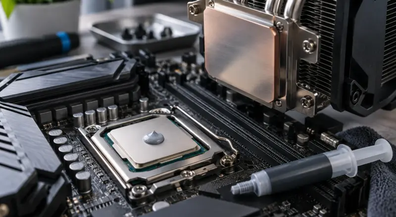 Wärmeleitpaste wechseln: CPU mit neuer Wärmeleitpaste und abgenommenem Prozessorkühler auf einem Mainboard.