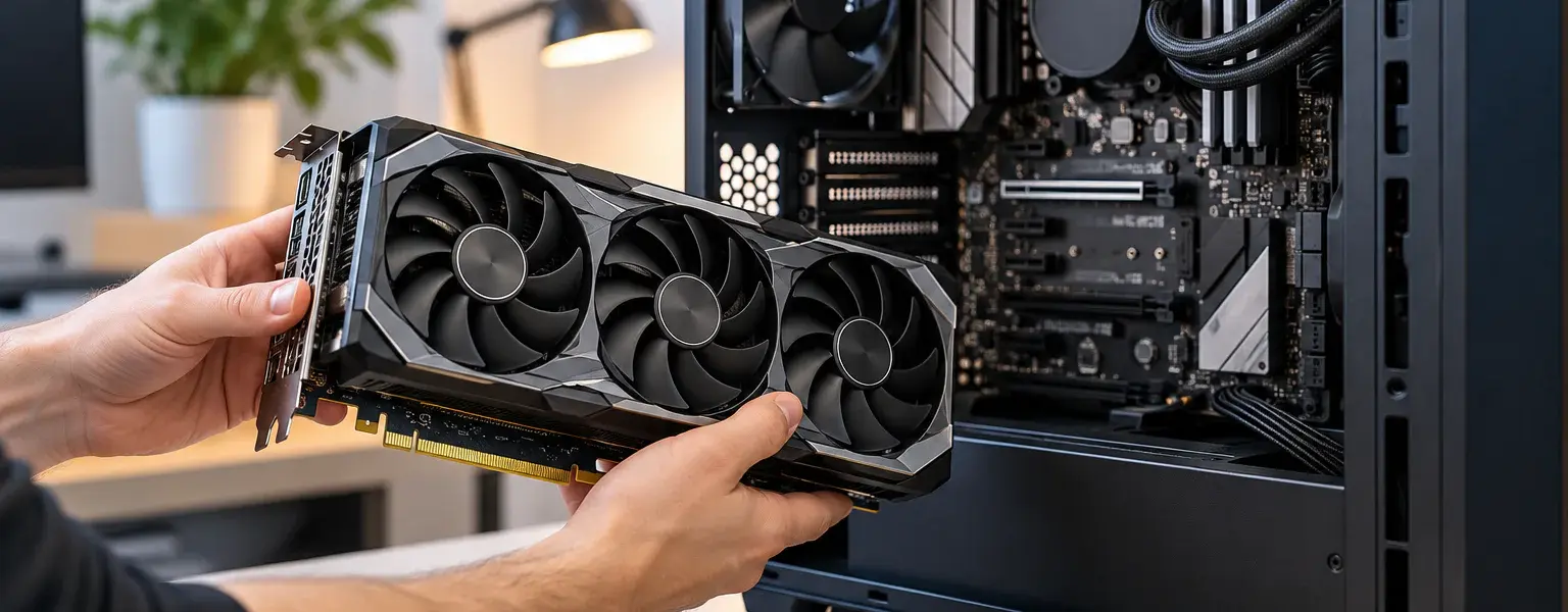Eine Person hält eine neue Grafikkarte vor einen geöffneten Desktop-PC, um sie einzubauen.