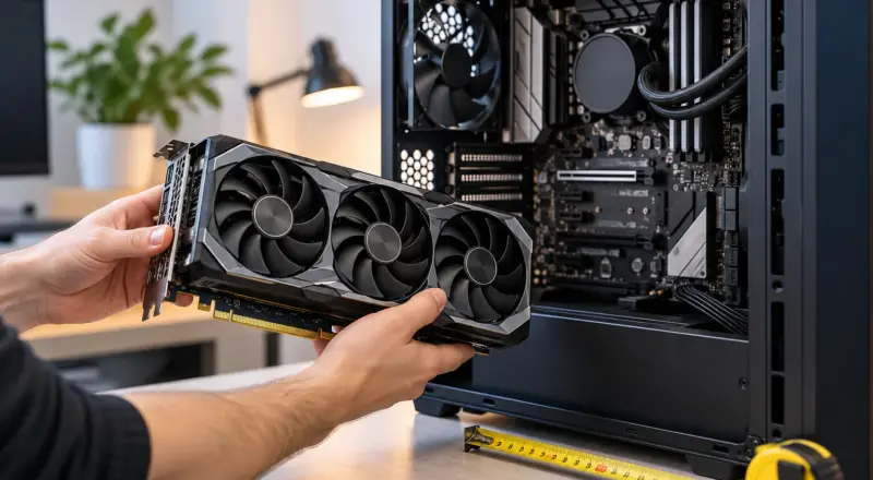 Eine Person hält eine neue Grafikkarte vor einen geöffneten Desktop-PC, um sie einzubauen.