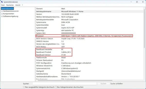 Mainboard und Prozessor in Windows 11 ermitteln Windows 11 Systeminformationen mit Angaben zu Prozessor und Mainboard