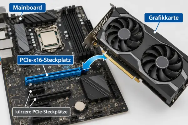 Grafikkarte aufrüsten: PCIe-x16-Steckplatz auf dem Mainboard PCIe-x16-Steckplatz auf einem Mainboard mit Grafikkarte und Pfeil zur Einbauposition